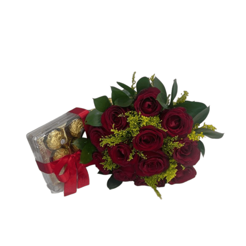 Buque com 12 rosas vermelhas e Ferrero Rocher