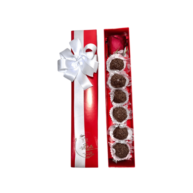 Caixa com 1 Rosa e brigadeiros